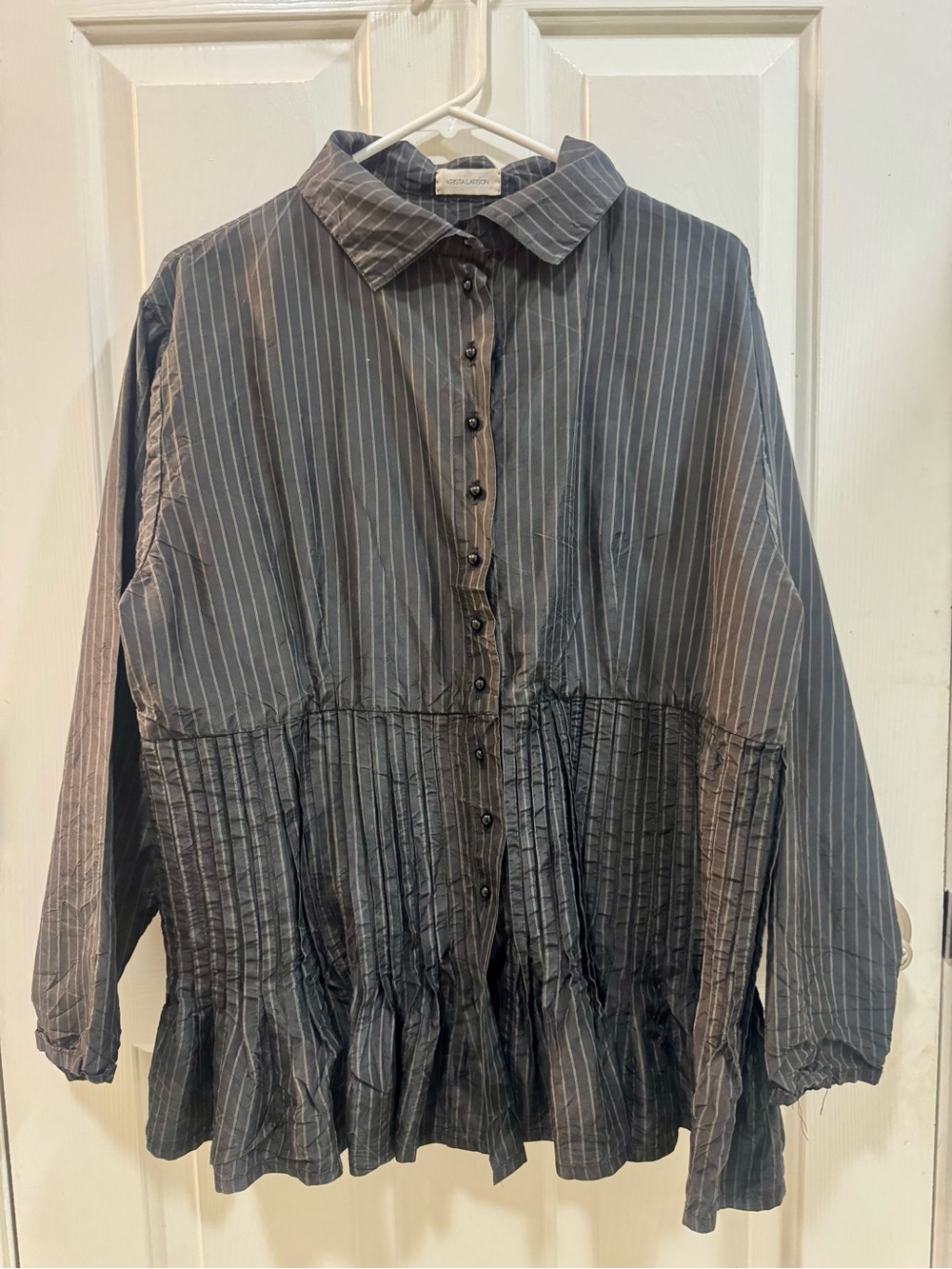 Women's Black Pinstripe Button-Front Peplum Shirt